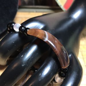 Banded Agate Panel Black Bead Woven Black Cord Bracelet 6 to 9”L Adjustable EVC